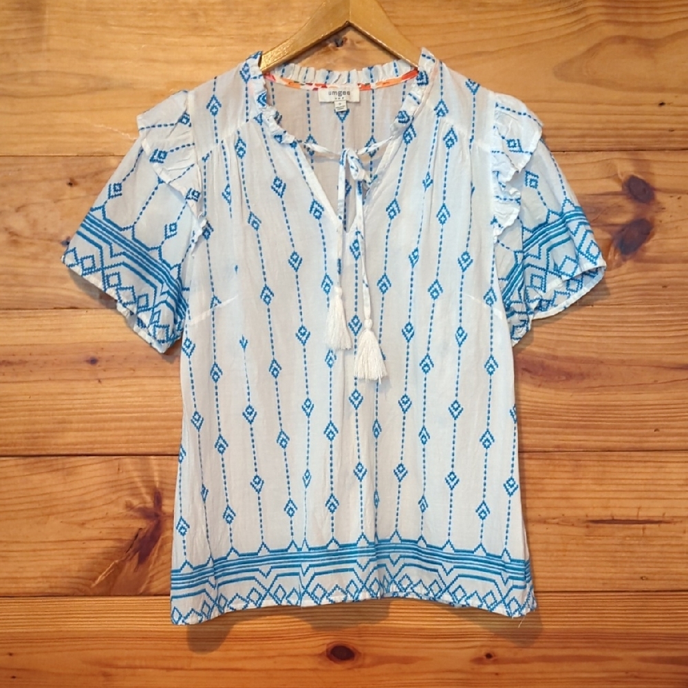 Umgee Cotton Boho Lightweight White & Blue Embroidered Peasant Top Small